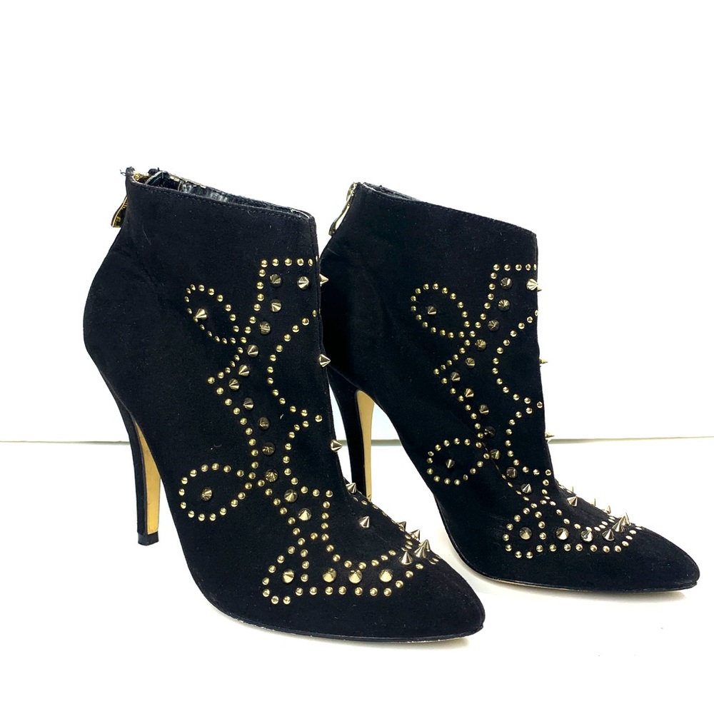 Spiked Grommet Pointed Toe Faux Suede Sexy Ankle Bootie